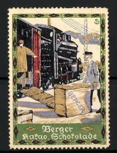 Künstler-Reklamemarke Sigmund von Suchodolski, Berger, Kakao Schokolade, Eisenbahntransport