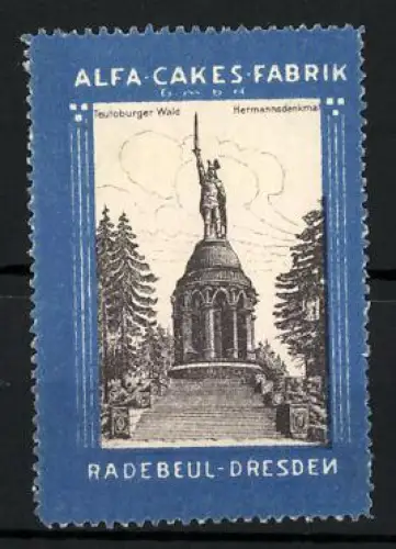 Reklamemarke Radebeul-Dresden, Alfa-Cakes-Fabrik, Hermannsdenkmal im Teutoburger Wald