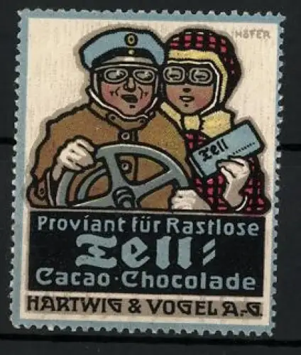 Künstler-Reklamemarke Paul Höfer, Tell Cacao-Chocolade Hartwig & Vogel AG, Autofahrer und Beifahrerin