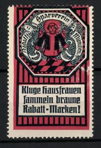 Reklamemarke München, Sparverein München, Münchner Kindl mit Füllhörnern, rot