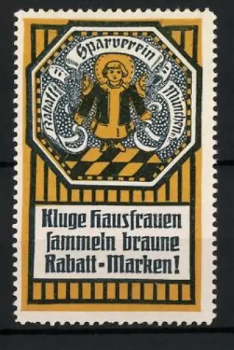Reklamemarke München, Sparverein München, Münchner Kindl mit Füllhörnern, gelb