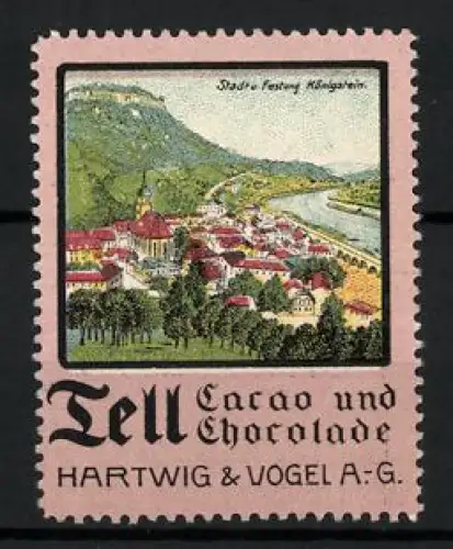 Reklamemarke Dresden, Tell Cacao und Chocolade Hartwig & Vogel AG, Ortsansicht mit Festung Königstein
