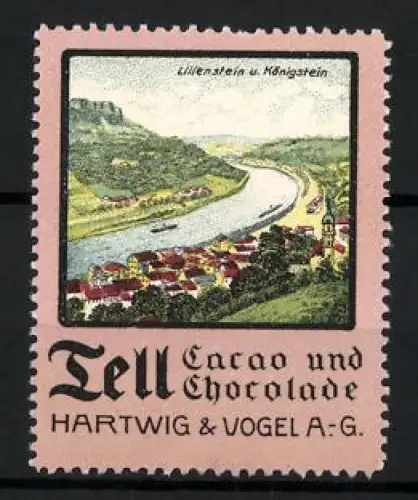 Reklamemarke Dresden, Tell Cacao und Chocolade Hartwig & Vogel AG, Flusslandschaft mit Lilienstein und Königstein