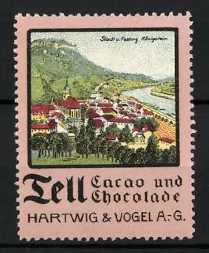 Reklamemarke Dresden, Tell Cacao und Chocolade Hartwig & Vogel AG, Ortsansicht Königstein mit Fluss und Kirche