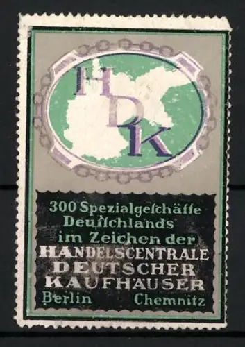 Reklamemarke Berlin Chemnitz, Handelscentrale Deutscher Kaufhäuser, HDK-Logo