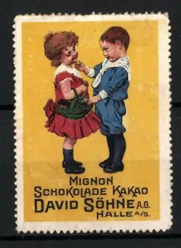 Reklamemarke Halle / Saale, Mignon Schokolade Kakao David Söhne AG, Kinder mit Korb