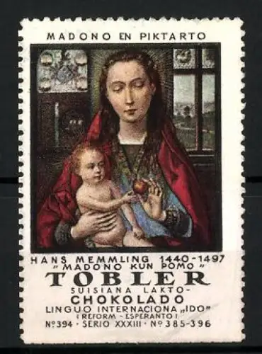 Reklamemarke Tobler, Chokolado, Madono en Piktarto, Madonna mit Kind von Hans Memling