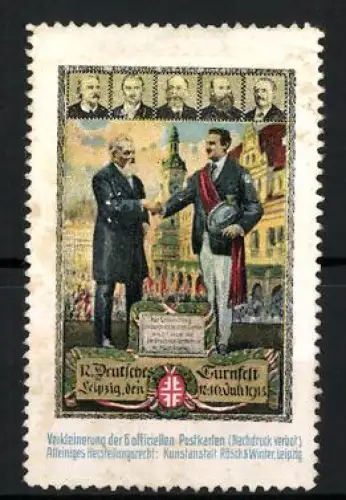 Reklamemarke Leipzig 1913, 12. Deutsches Turnfest, Bürgermeister & Sportbund-Vorsteher beim Händedruck