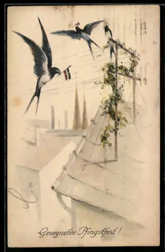 AK Schwalben mit Nationalfähnchen über Dächern, Pfingstgruss