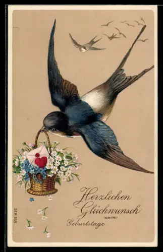 AK Schwalbe mit Geburtstagsgruss im Schnabel