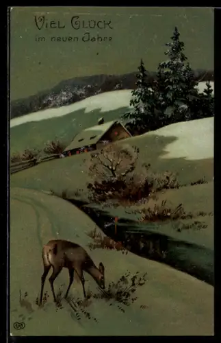 AK Reh in Winteridylle, Neujahrsgruss