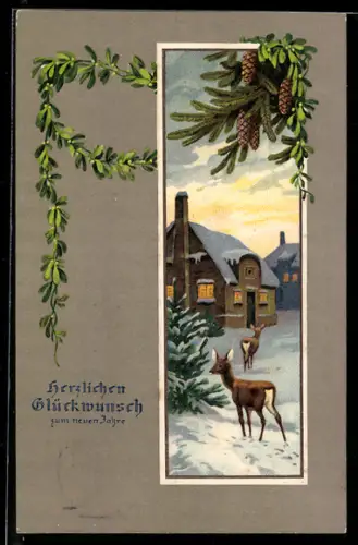 Präge-AK Rehe vor Häusern mit beleuchteten Fenstern im Winter, Neujahrsgruss