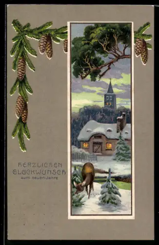 Präge-AK Reh in Winteridylle mit Kirche, Neujahrsgruss