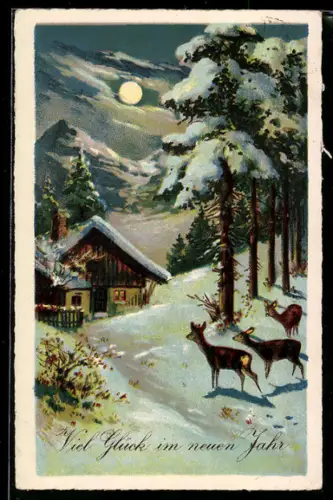 AK Rehe vor Haus im Schnee bei Mondschein, Neujahrsgruss