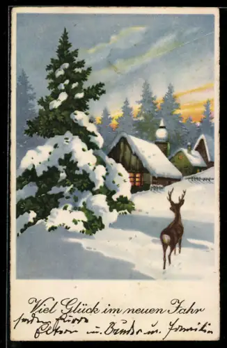 AK Reh vor einer Ortschaft im Schnee, Neujahrsgruss