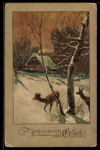 AK Rehe vor einem Haus im Schnee, Neujahrsgruss