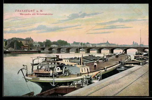 AK Frankfurt a. M., Mainpartie, Wilhelmsbrücke, Frachter