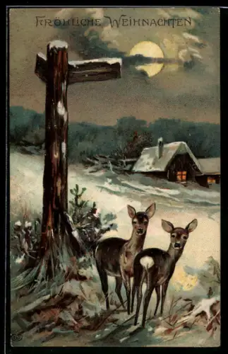 Präge-AK Zwei Rehe im Schnee, Haus, Mond, Weihnachtsgruss