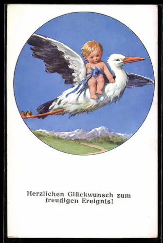 AK Storch mit Kind auf dem Rücken