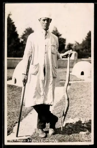 AK S. Paulo, Butantan, Mann mit Stab u. Schlange