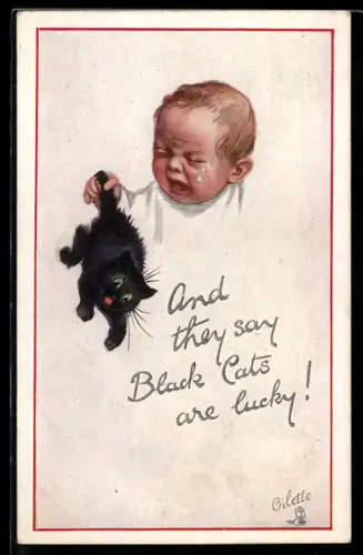 AK Weinendes Baby hält entsetztes Katzenbaby am Schwanz in die Luft
