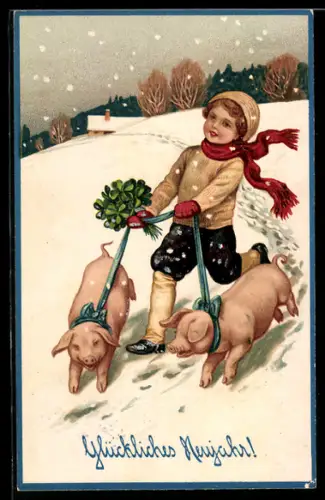 AK Kind im Schnee mit Schweinen an einem Band, Neujahrsgruss