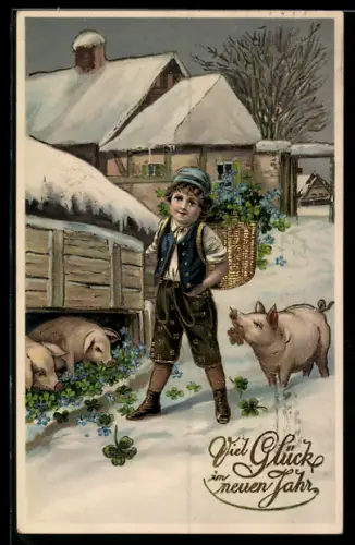 AK Knabe mit Glückskleekorb und Schweinen, Neujahrsgruss
