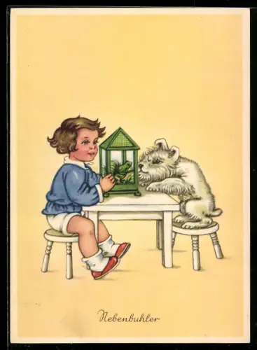 AK Knabe und skeptischer Terrier mit Frosch in einem Gefäss