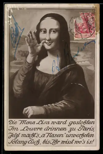 AK Mona Lisa ward gestohlen jetzt macht's a Nasen unverholfen Solang Euch, bis Ihr wisst wo's is! Diebstahl 1911