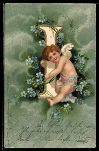 AK Engel mit Buchstabe I, Blumen-Vergissmeinnicht