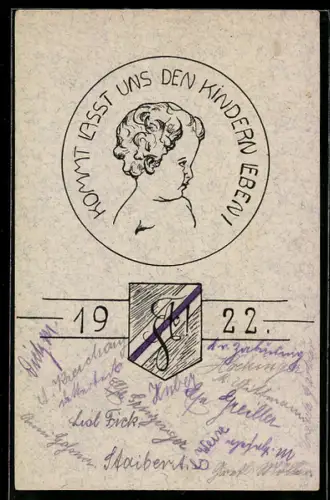 AK Studentenwappen mit kleinem Jungen, Kommt lasst uns den Kindern leben! mit Verbindungszirkel