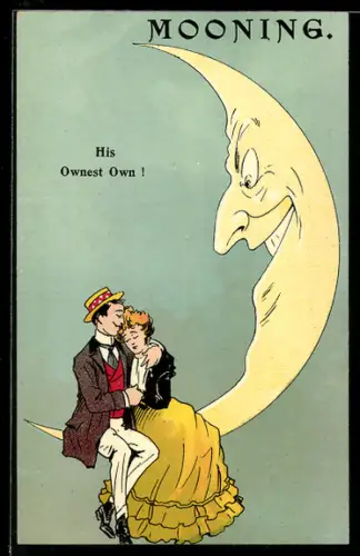 AK Elegantes Paar sitzt auf einem grinsenden Halbmond, Metamorphose