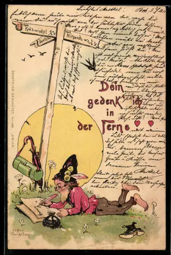 Künstler-AK Hans Starcke: Zwerg schreibt an einem Strassenschild einen Brief