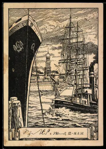 Künstler-AK Hamburg, Deutscher Stenografentag 1938, Schiffe im Hafen