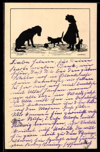 Künstler-AK Carus: Mädchen und Hund beobachten die spielende Katze mit dem Wollknäuel