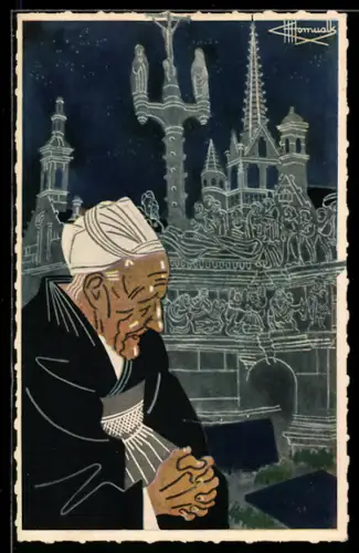 Künstler-AK Charles Homualk: Guimiliau, alte Frau in Tracht