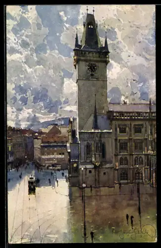 Künstler-AK Prag / Praha, Altstädter Ring, Staromestské námestí, Staromestska radnice, Strassenbahn