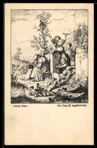 Künstler-AK Ludwig Richter: Menschen freuen sich über die Ankunft des Frühlings