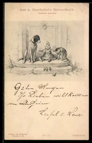Künstler-AK Albert Hendschel: Mädchen teilt das Butterbrot mit Hund und Katze