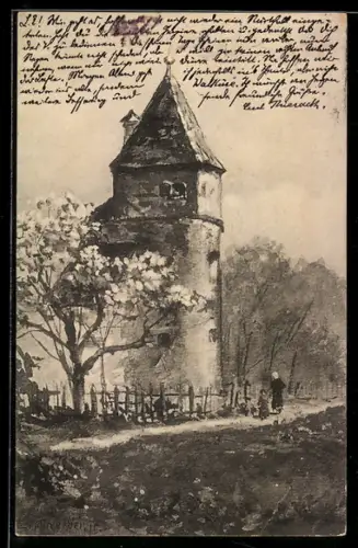 Künstler-AK August Splitgerber: Turm im Frühling