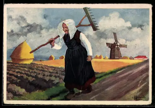 Künstler-AK Charles Homualk: Bäuerin auf dem Heimweg von der Feldarbeit, Windmühle und Getreidefelder