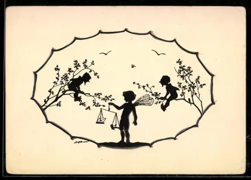Künstler-AK Elsbeth Forck: Fee mit Waage und Zwerge sitzen in den Zweigen