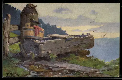 Künstler-AK Fritz Reiss: Quelle im Schwarzwald