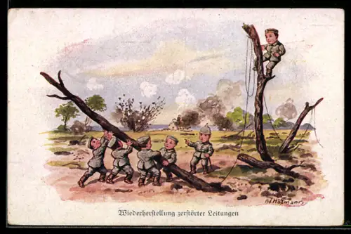 Künstler-AK Ad. Hoffmann: Junge Soldaten reparieren zerstörte Leitungen