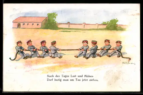 Künstler-AK Ad. Hoffmann: Junge Soldaten beim Tauziehen