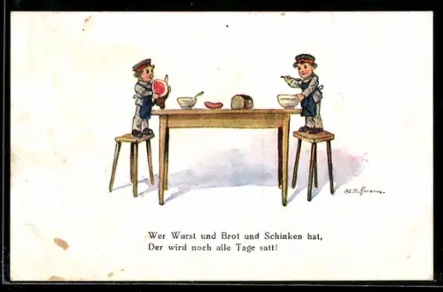 Künstler-AK Ad. Hoffmann: Junge Soldaten bei der Brotzeit mit Wurst und Schinken