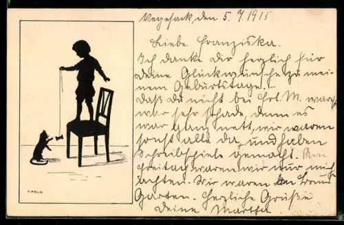 Künstler-AK Carus: Junge steht auf einem Stuhl und spielt mit seiner Katze