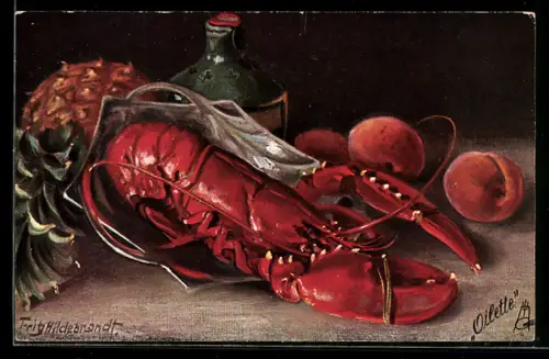 Künstler-AK Fritz Hildebrandt: Stillleben mit Hummer, Ananas und Pfirsichen