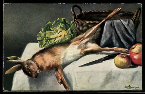 Künstler-AK Alfred Schönian: Stilleben mit Hase