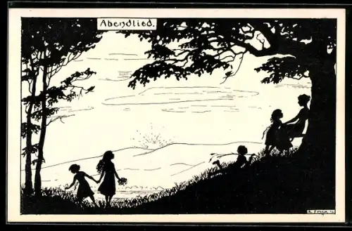 Künstler-AK Elsbeth Forck: Kinder geniessen mit ihrer Mutter den Abend auf der Wiese, Abendlied